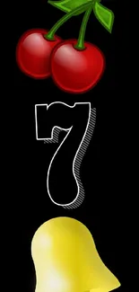 Slot machine symbols with cherries, seven, and bell on black.