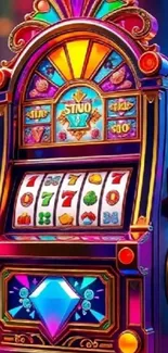 Vibrant slot machine with colorful details and neon lights.