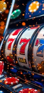 Vibrant slot machine with sevens and poker chips on a mobile wallpaper.