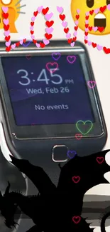 Smartwatch with heart-themed emojis and black dragon silhouette.