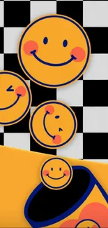 Vibrant wallpaper with smiley faces and checkered background.