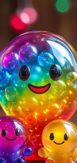 Colorful smiley blob characters with vibrant hues.