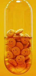 Cheerful orange capsule with smiley faces on a vibrant background.