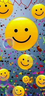 Yellow smiley faces with colorful confetti background.