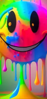 Vibrant smiley face with dripping rainbow paint.