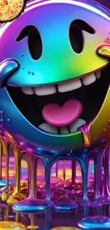 Vibrant smiley face with rainbow hues and dripping effect.