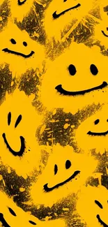 Vivid yellow smiley faces abstract mobile wallpaper on black background.