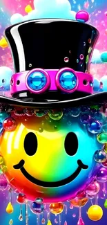 Colorful smiley face with top hat and rainbow droplets in vibrant artwork.