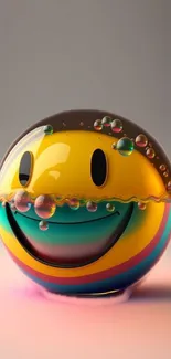 Colorful smiley face with bubbles on a vibrant wallpaper.