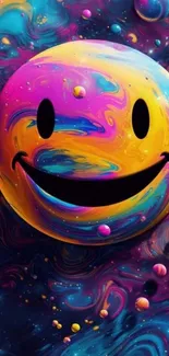 Colorful smiley face wallpaper with cosmic swirls.