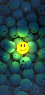 Vibrant yellow smiley face among blue emoticons on mobile wallpaper.