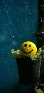 Yellow smiley ball in a plant pot against a dark blue background.