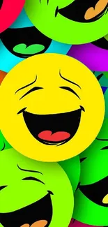 Vibrant smiley face wallpaper with colorful emojis.