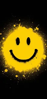 Bright yellow smiley face splashed on black background.