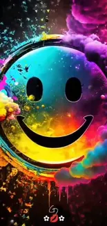 Colorful smiley face with abstract cloud design in vibrant colors.