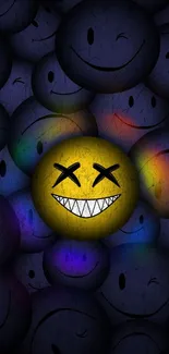 Vibrant yellow smiley face with dark background and colorful accents.