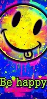 Vibrant smiley face wallpaper with colorful splashes and 'Be happy' text.