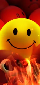 Vibrant yellow smiley face with red background and flames.