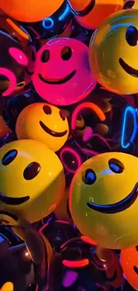 Colorful wallpaper with smiley faces and neon accents.