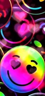 Vibrant rainbow smiley face wallpaper with heart eyes.