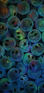 Vibrant teal blue smiley face wallpaper design.