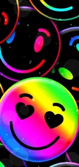 Vibrant neon smiley faces on a black background.