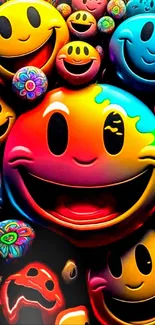 Vibrant multicolor smiley faces wallpaper with bright happy expressions.