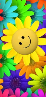 Colorful smiley face flower wallpaper with vibrant petals.