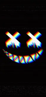 Neon glitch smiley face wallpaper with vibrant colors on a black background.