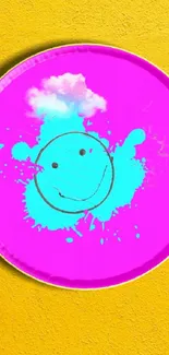 Neon pink smiley face on yellow background with artistic flair.