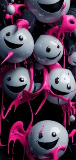 Colorful smiling orbs with pink paint splash.