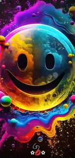 Vibrant neon smiley face wallpaper with colorful splashes.