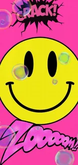 Vibrant pink wallpaper with a yellow smiley face and comic book style bubbles.