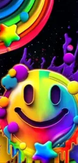 A vibrant rainbow smiley face wallpaper with star accents.