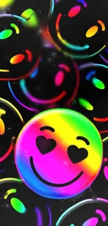 Vibrant rainbow smiley face with heart eyes on a mobile wallpaper.