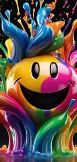 Vibrant smiley face with colorful paint splash on black background.