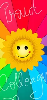 Vibrant sunflower with a smiley face on a rainbow background.