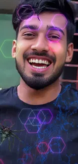 Smiling man with neon hexagons and holographic spider.