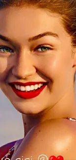 Smiling woman with red lipstick and vibrant background.