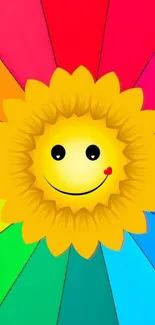 Mobile wallpaper with a smiling sunflower and rainbow background.