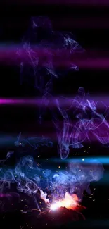 Vibrant abstract wallpaper with purple smoke and glowing sparks on black.