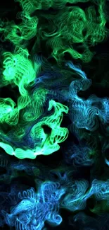 Vibrant green and blue smoke art wallpaper with dynamic abstract patterns.