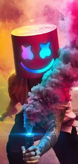 Colorful masked figure with vibrant smoke.
