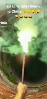 Colorful smoke flare emerging from a tube creating a vibrant visual effect.