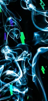 Blue smoke with neon geometric shapes on black background.