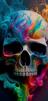 Vibrant skull surrounded by colorful smoke flames.