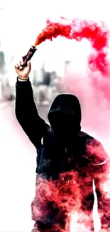 Hooded figure with red smoke in urban setting, dynamic mobile wallpaper.