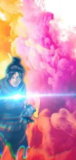 Colorful wallpaper featuring smoke and a warrior in dynamic pose.