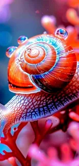 Colorful snail resting on vibrant coral reef underwater.