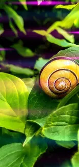 Vibrant snail on green leaves mobile wallpaper with colorful accents.